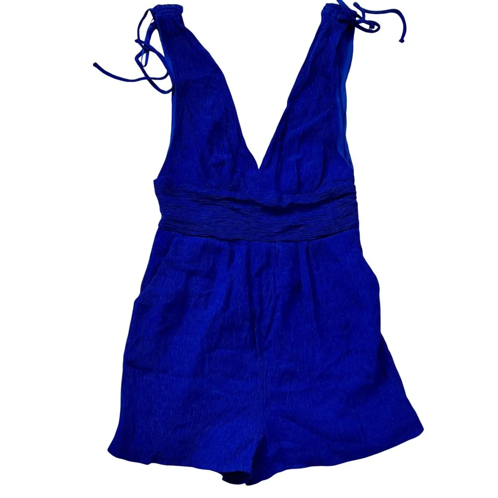 One Clothing Royal Blue Crinkle Plunging Romper Tie Shoulder Open Back Smocked M